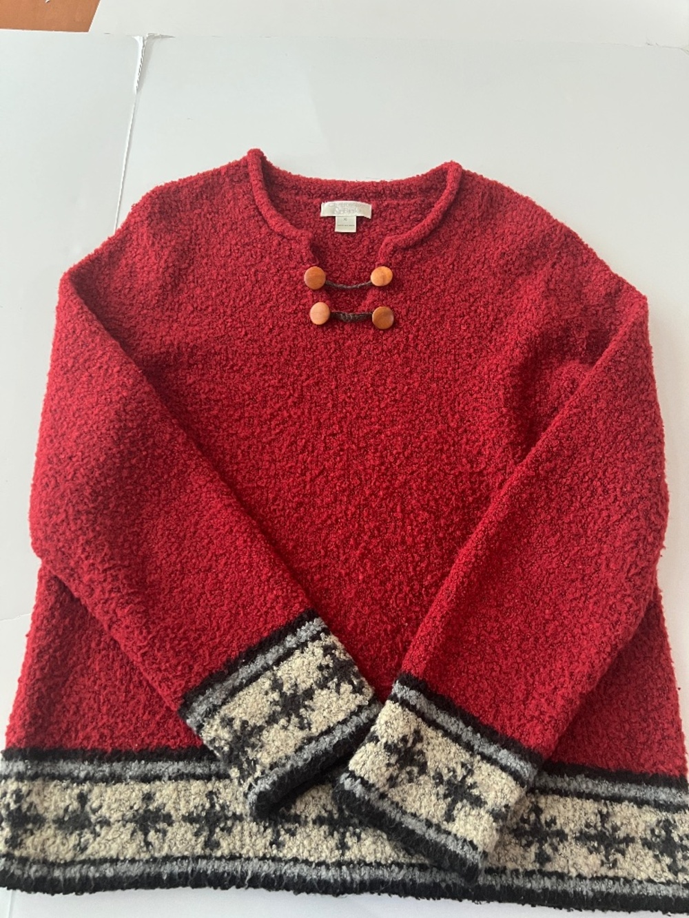 Christopher & Banks Women's S Red Fair Isle Crew Neck Button Long Sleeve Knit XL